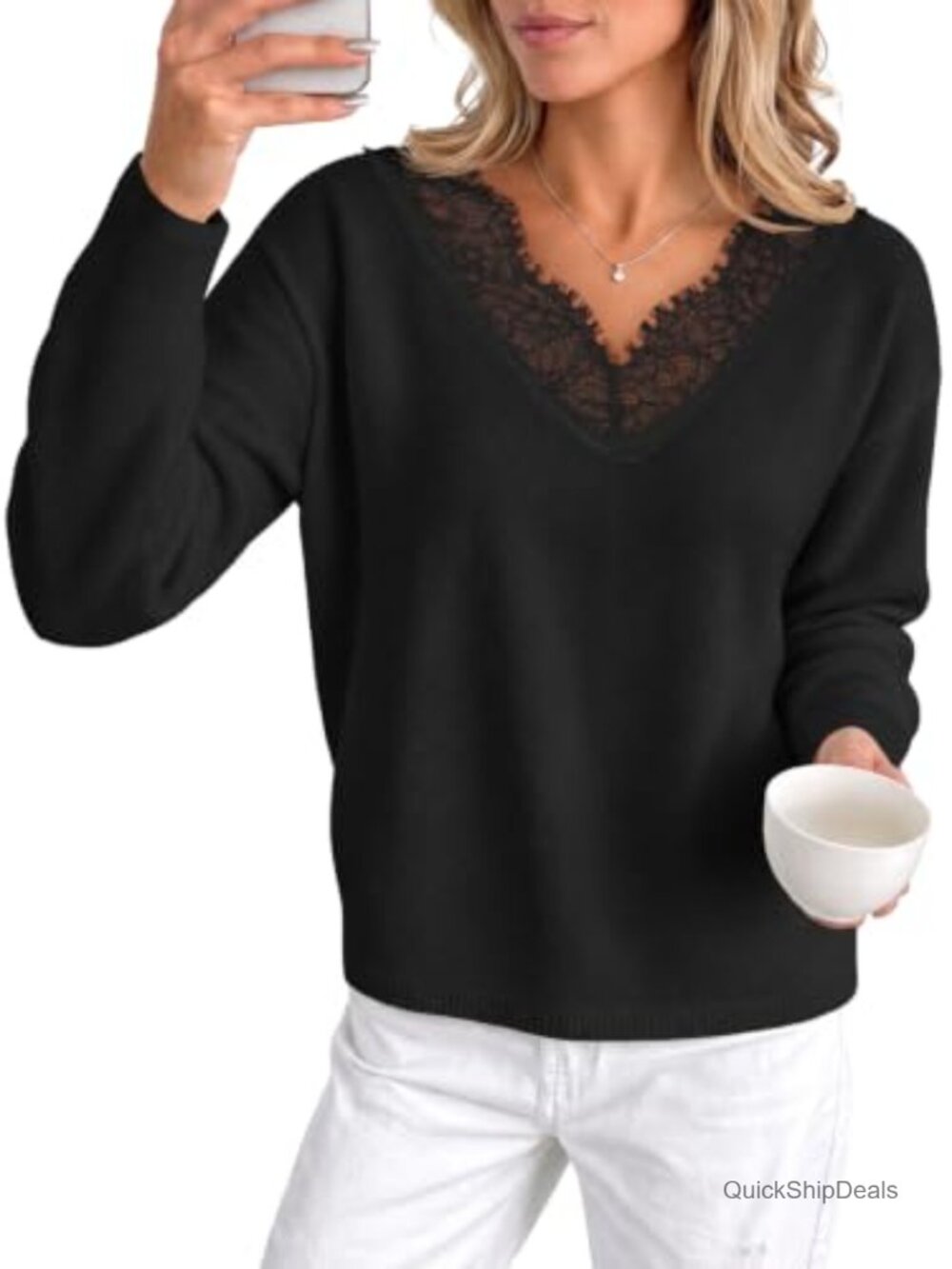 Lace V Neck Sweater Top Loose Fit Knit Fall Pullover